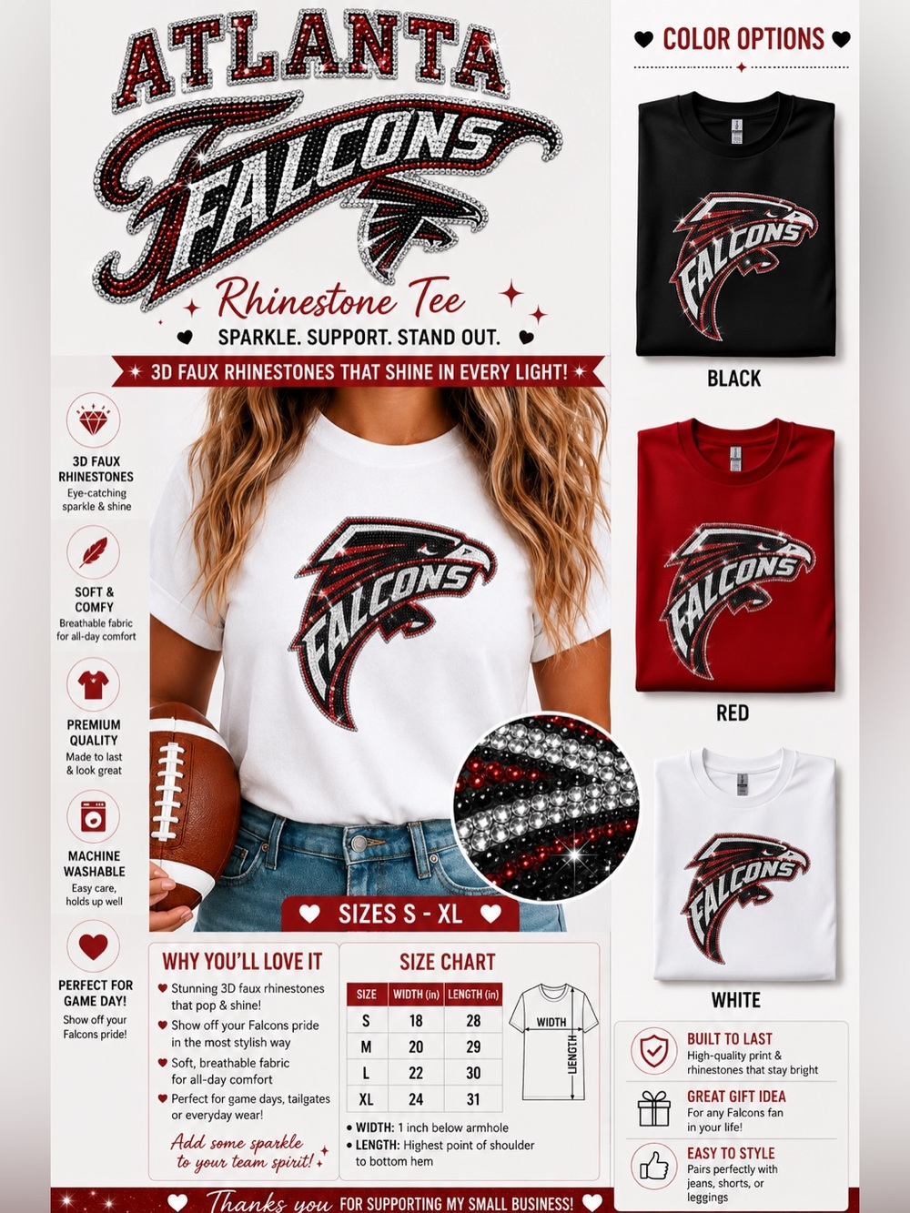 Falcons graphic tee shirt faux rhinestones S M L XL Pick one New cotton